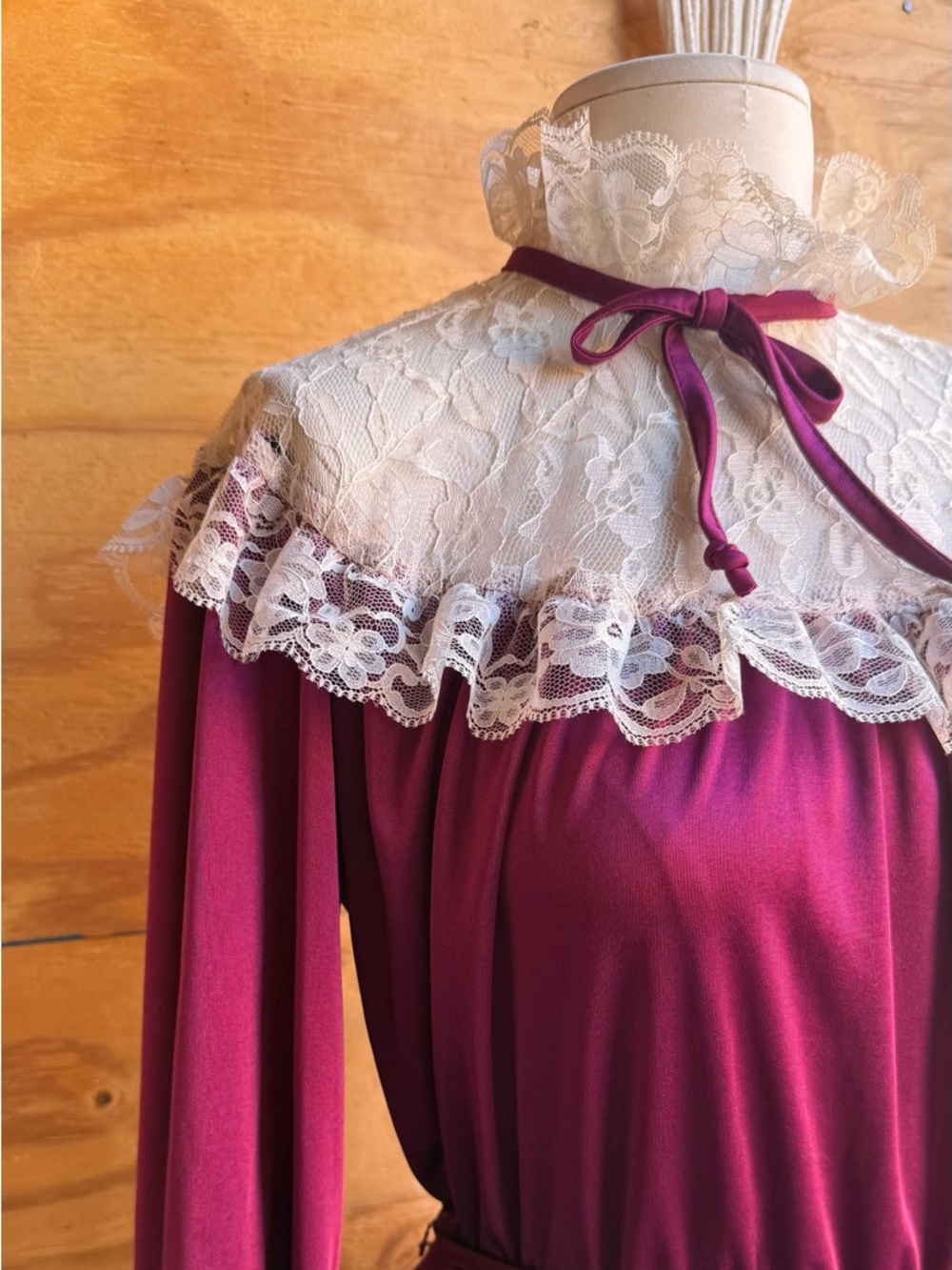 Vtg Wine Lace Collar Midi Dress Fit-Flared Long Sleeve ILGWU Unionmade Dre - Picture 3 of 12
